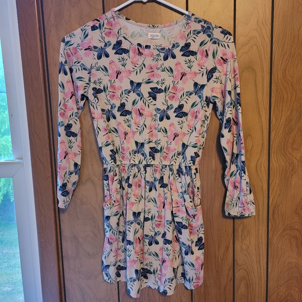 Sz M - Gymboree - Long Sleeve Romper w/ Pockets - Cream w/ Pink & Blue Butterfly